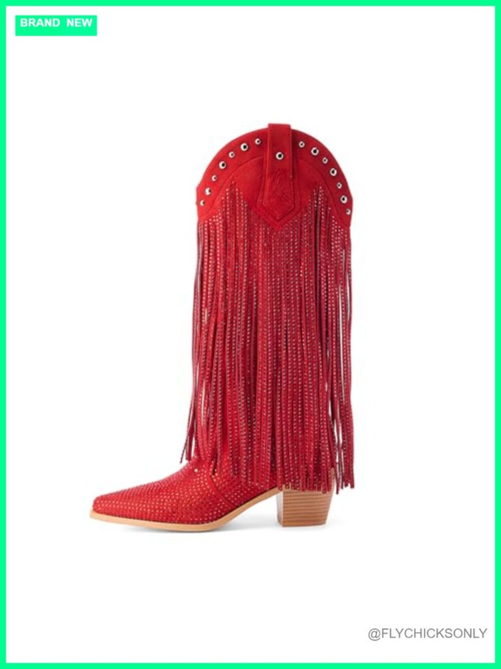 Rhinestone Fringe Western Cowboy Boots Pointed Toe Chunky Heel Pull On Mid Calf
